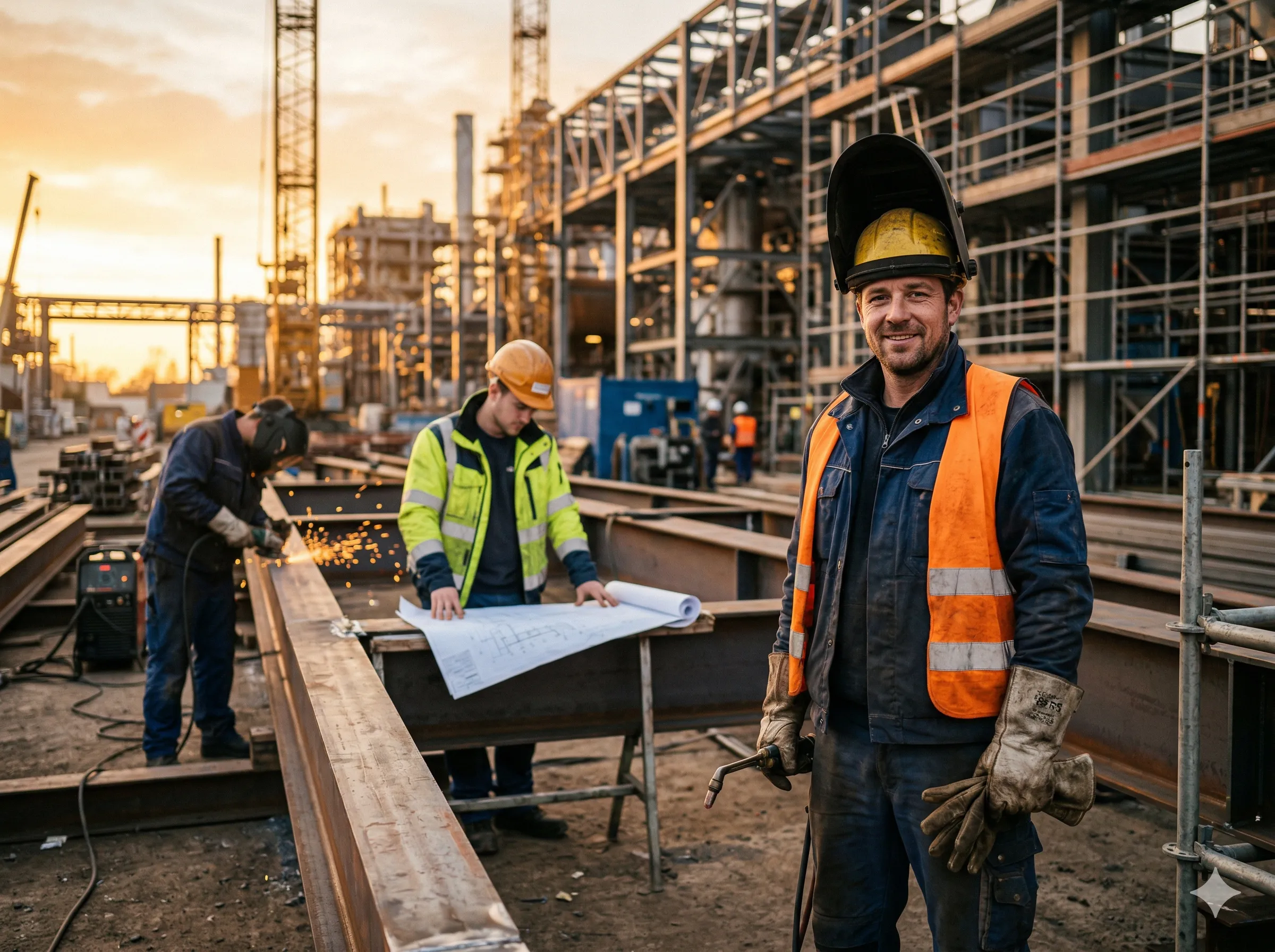 Schweißer und Elektriker bei der Arbeit auf einer industriellen Baustelle