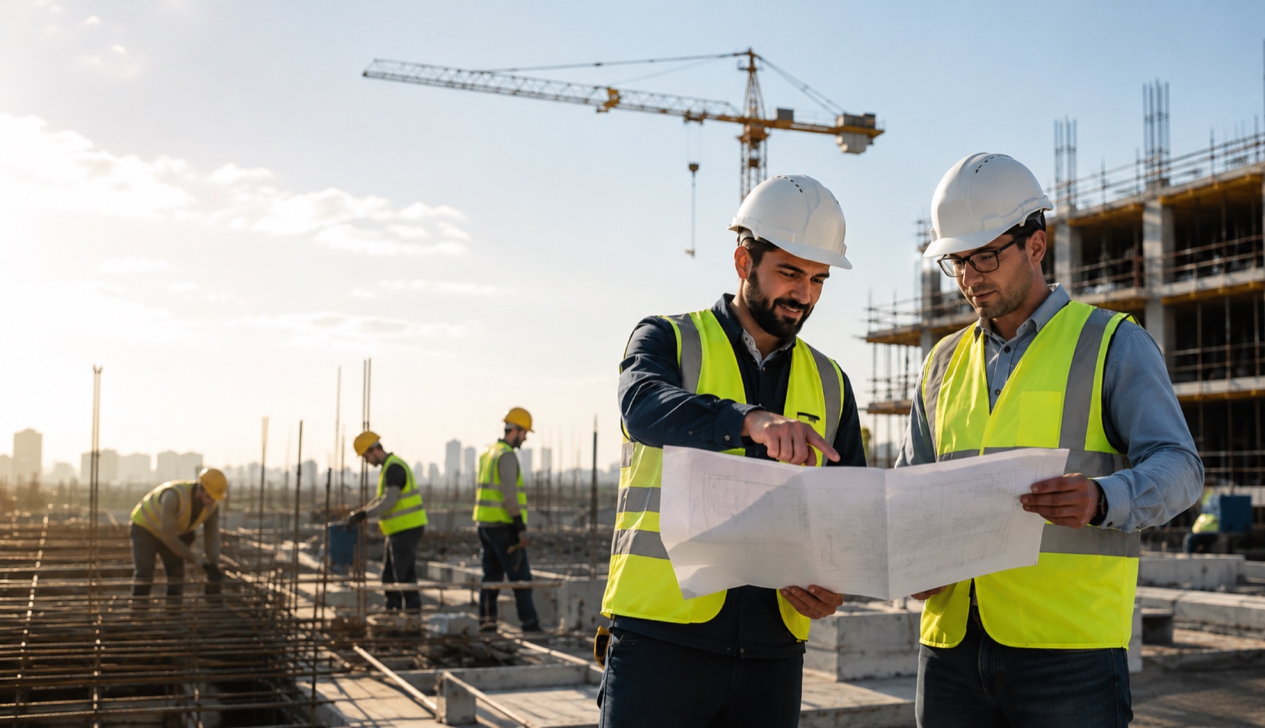 Fachkräfte mit Bauplan auf einer Industriestelle